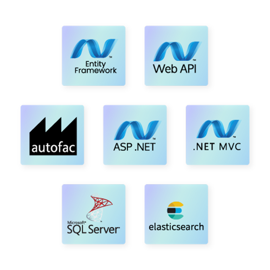 Entity Framework, Web API, autofac, ASP . NET, .NET MVC, Microsoft SQL Server, and Elasticsearch logos.