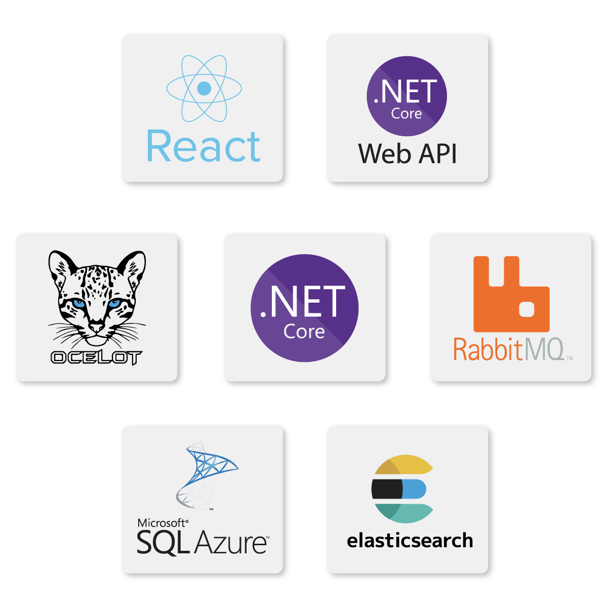 Entity Framework, Web API, autofac, ASP . NET, .NET MVC, Microsoft SQL Server, and Elasticsearch logos.