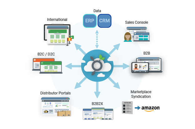 Data, sales console, B2B, Marketplace syndication, B2B2X, distributor portals, B2C/D2C, and international.